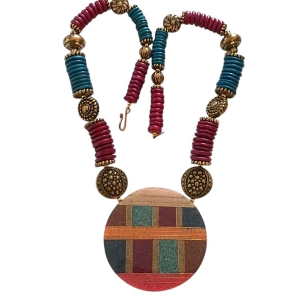 Vintage Gorgeous Sand & Bead Necklace Circle Disc Pendant, Statement, Lee Sands - Picture 2 of 16